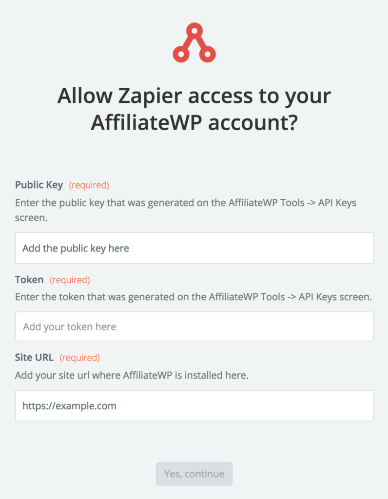 Fenêtre contextuelle de Zapier.com demandant l'authentification avec AffiliateWP sur votre site