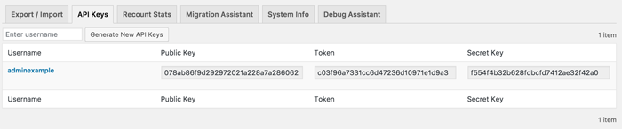 Une capture d'écran d'exemple de l'onglet Outils des clés API dans AffiliateWP
