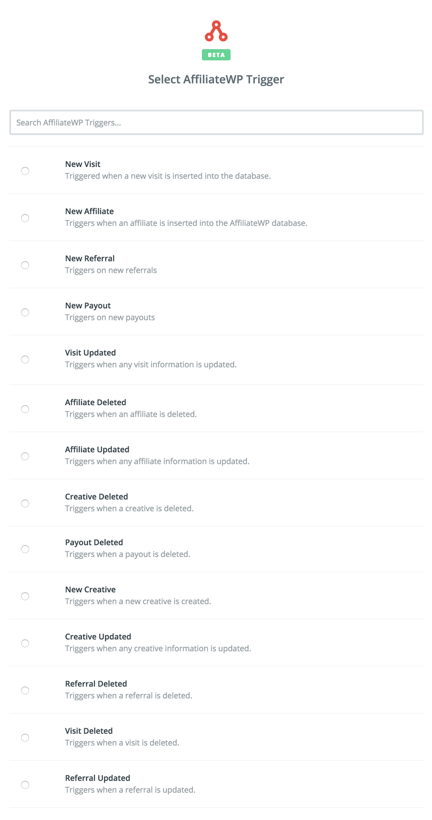 Une image représentant une liste de déclencheurs Zapier disponibles dans l'application Zapier d'AffiliateWP