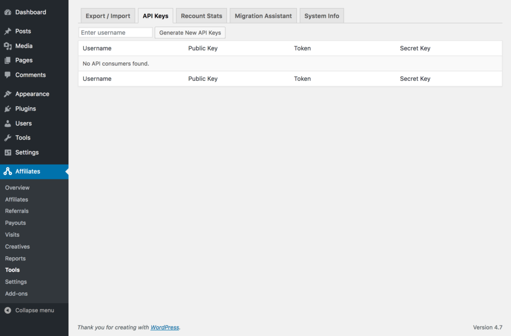 Onglet API dans les outils AffiliateWP