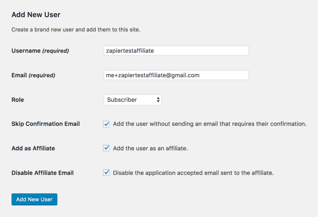 Créer un compte affilié de test