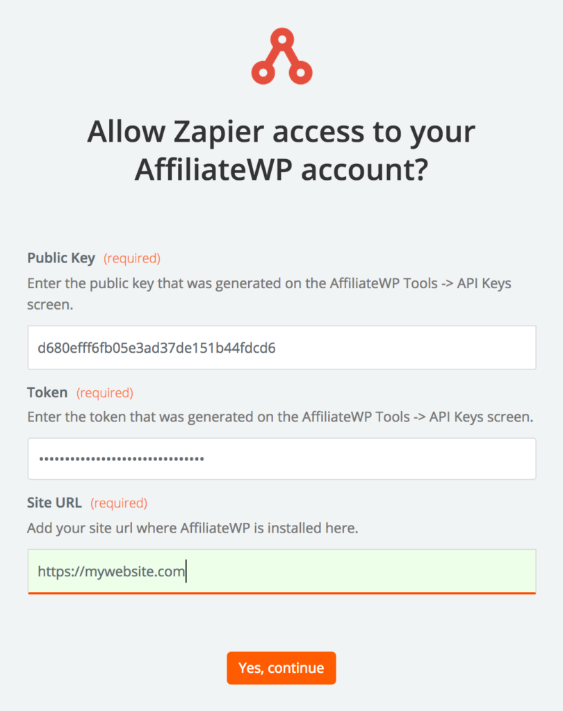 Entrez les clés API d'AffiliateWP dans Zapier