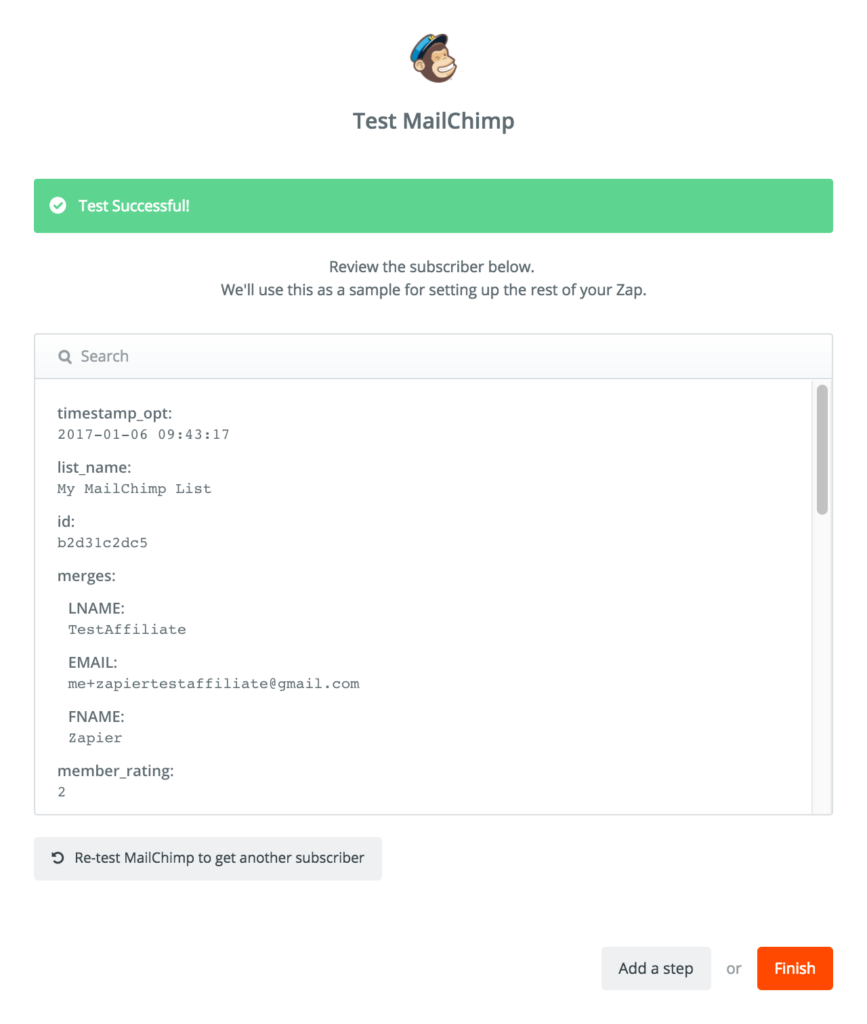 Action MailChimp réussie