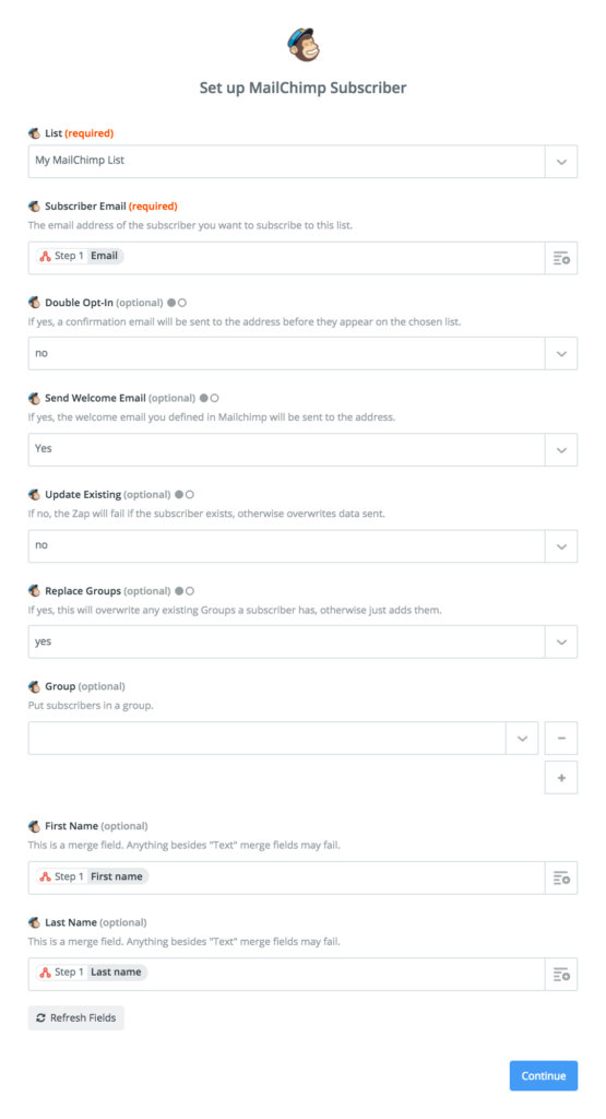 Configurer le modèle d'action MailChimp