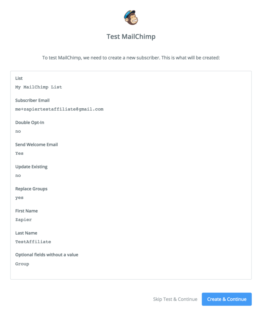 Tester l'action MailChimp dans Zapier