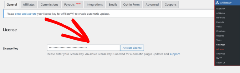 Add AffiliateWP License Key