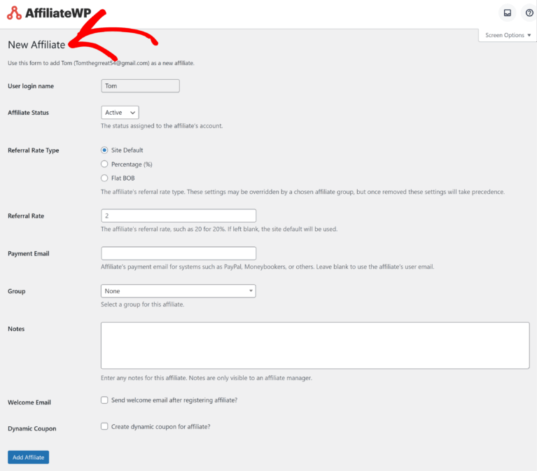 Adicionando Novos Afiliados