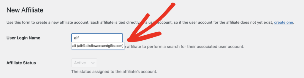 Inserindo um Nome de Login de Usuário na página de administradores de Novo Afiliado do AffiliateWP
