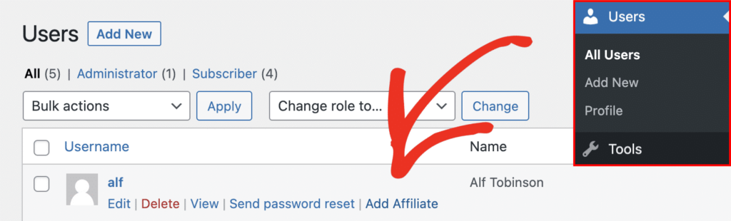 A página Usuários no WordPress, mostrando a opção de link de ação Adicionar Afiliado