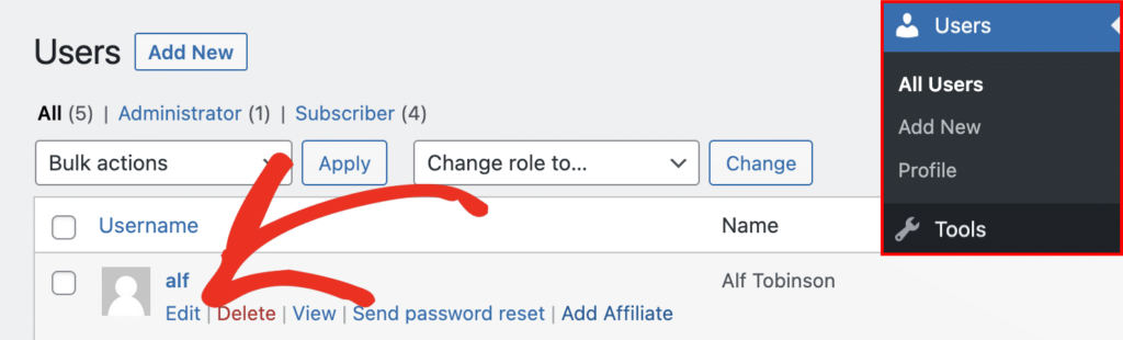 A página Usuários no WordPress, mostrando a opção de link de ação Editar