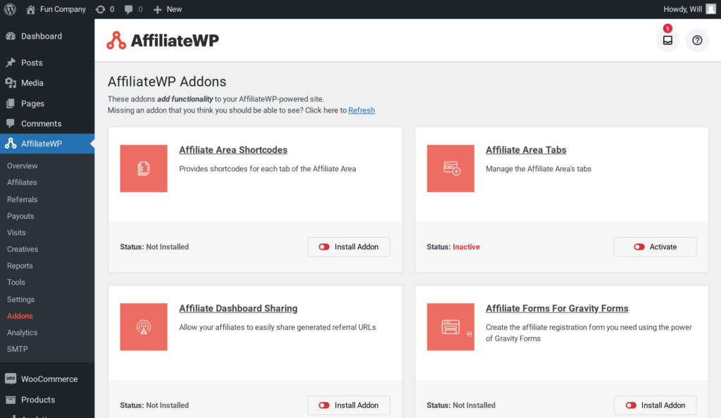 page des modules complémentaires AffiliateWP