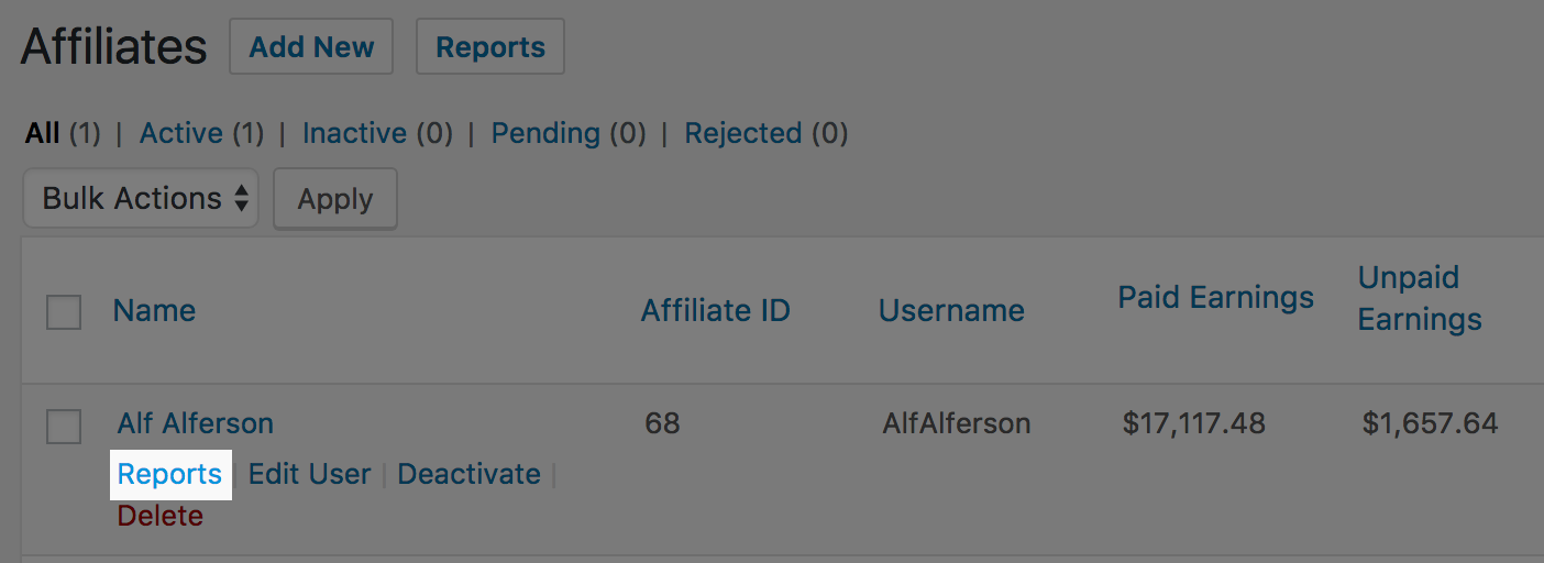 AffiliateWPで個別の紹介者レポートを表示するリンク。