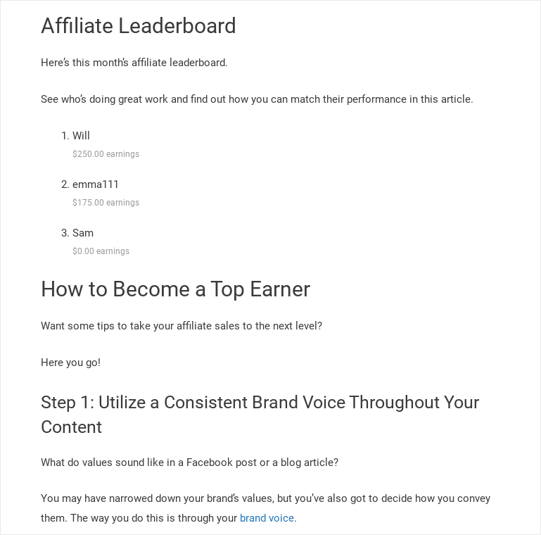 classement d'affiliés dans le contenu