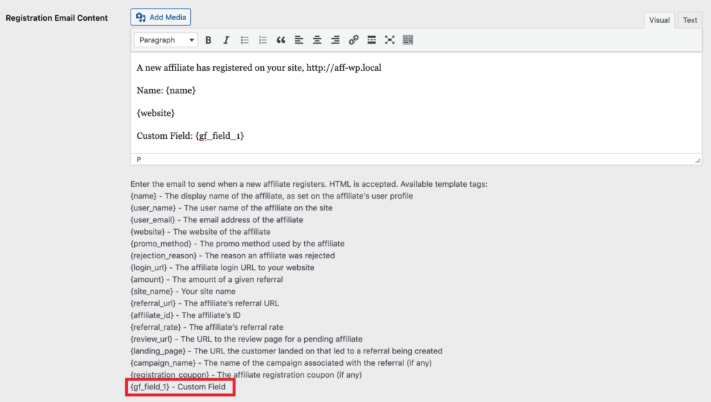 AffiliateWP Gravity Forms メールタグの使用方法