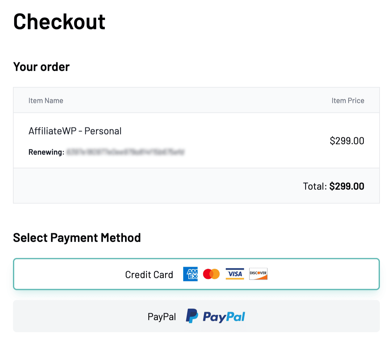 AffiliateWPライセンス更新のチェックアウトページ - AffiliateWP