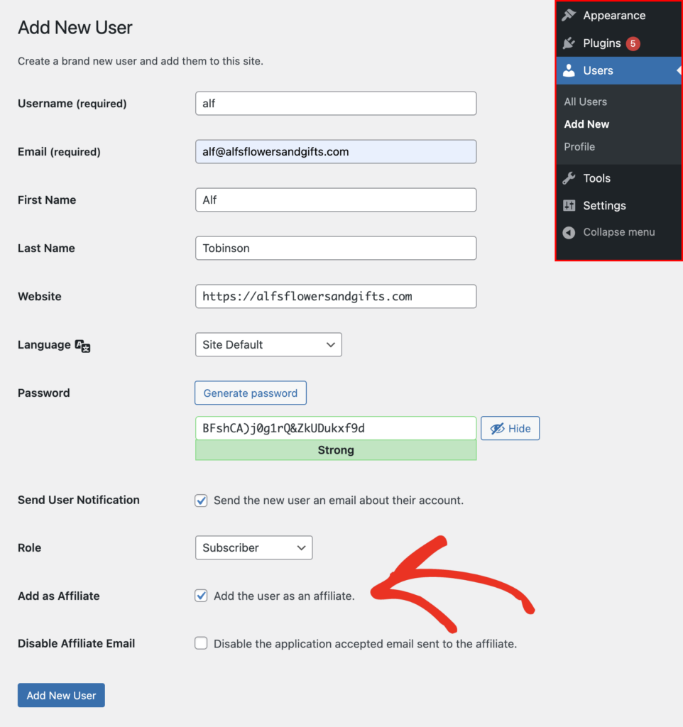 A página Adicionar Novo Usuário no WordPress, destacando a opção de caixa de seleção Adicionar como Afiliado