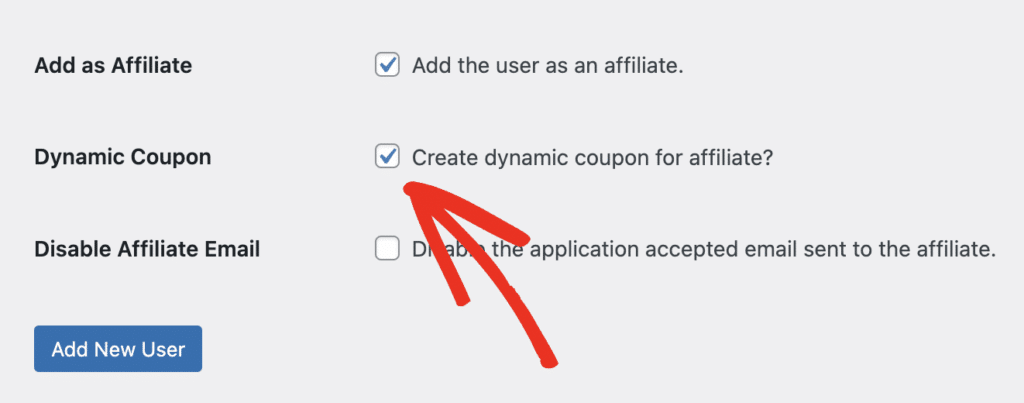 A página Adicionar Novo Usuário no WordPress, destacando a opção de caixa de seleção Cupom Dinâmico