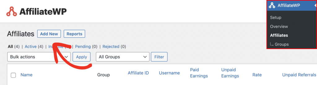 O botão Adicionar Novo na página de administradores de Afiliados do AffiliateWP