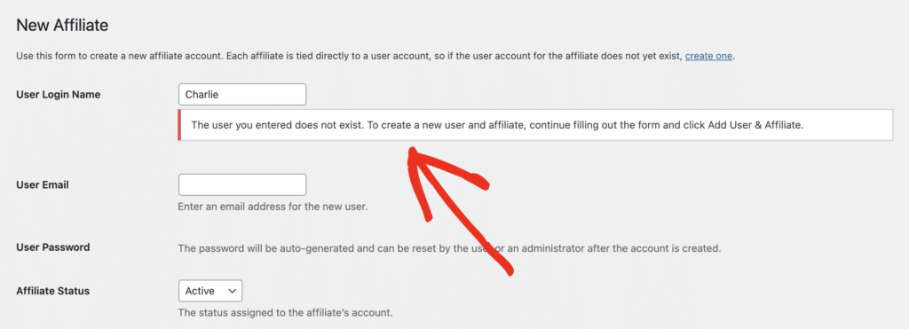 Inserindo um Nome de Login de Usuário que não existe na página de administradores de Novo Afiliado do AffiliateWP