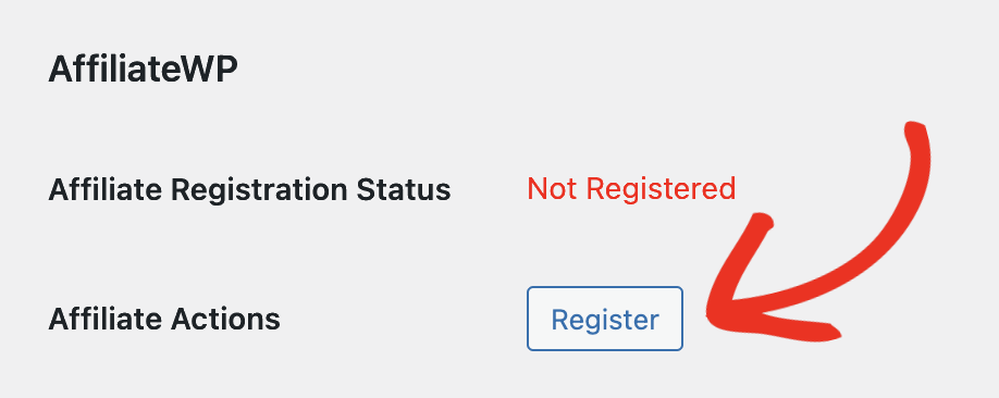 A página Editar Usuário do WordPress mostrando o botão Registrar na seção AffiliateWP