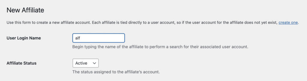 Selecionando uma conta de usuário na página de administradores de Novo Afiliado do AffiliateWP