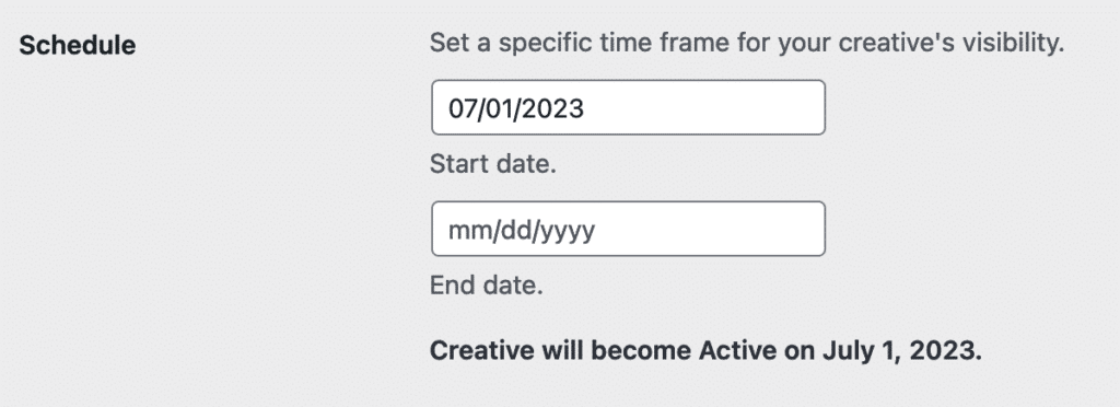 Sélectionner la date de début pour une création sans date de fin