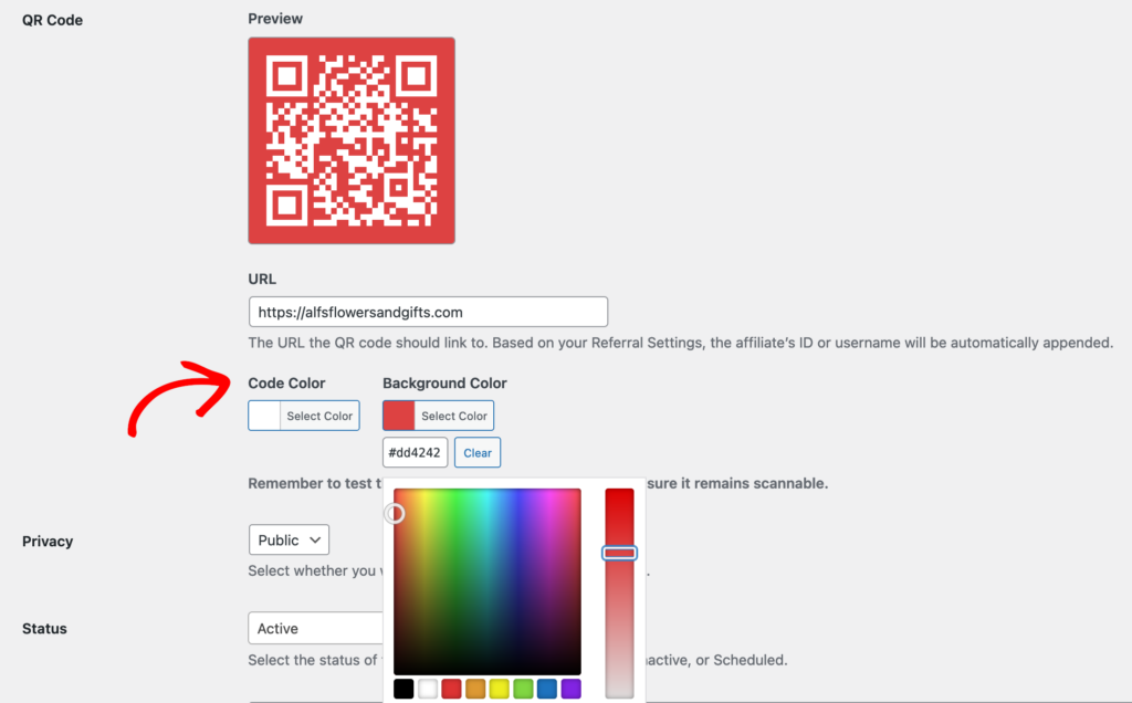 sélecteur de couleur de création de code QR