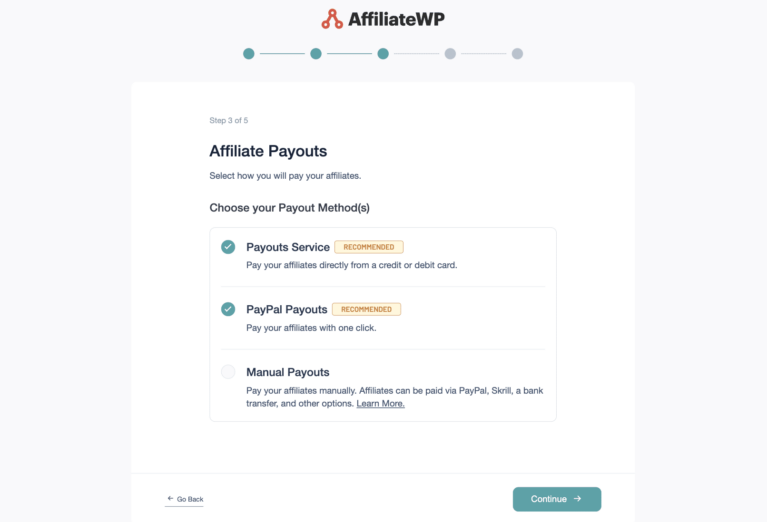 Configurações de pagamento de afiliados no assistente de configuração