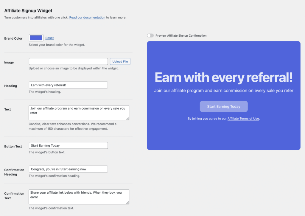 ajustes del widget de registro de afiliados