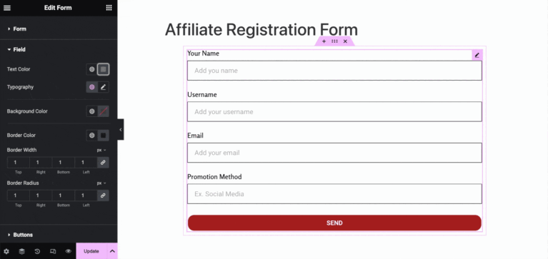 Formulário de registro de afiliados usando Elementor