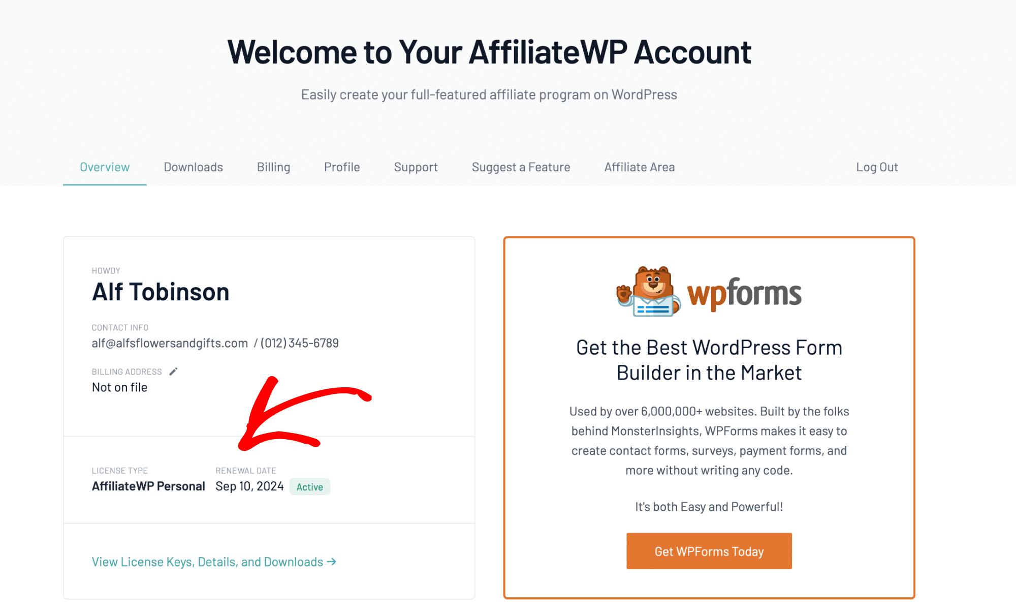 AffiliateWPアカウントの概要でライセンスの種類と更新日を表示する