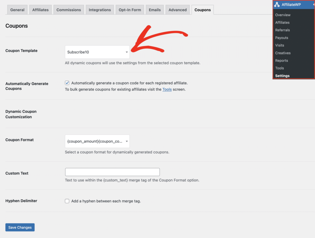 AffiliateWP - Paramètres - Écran Coupons dans l'administration
