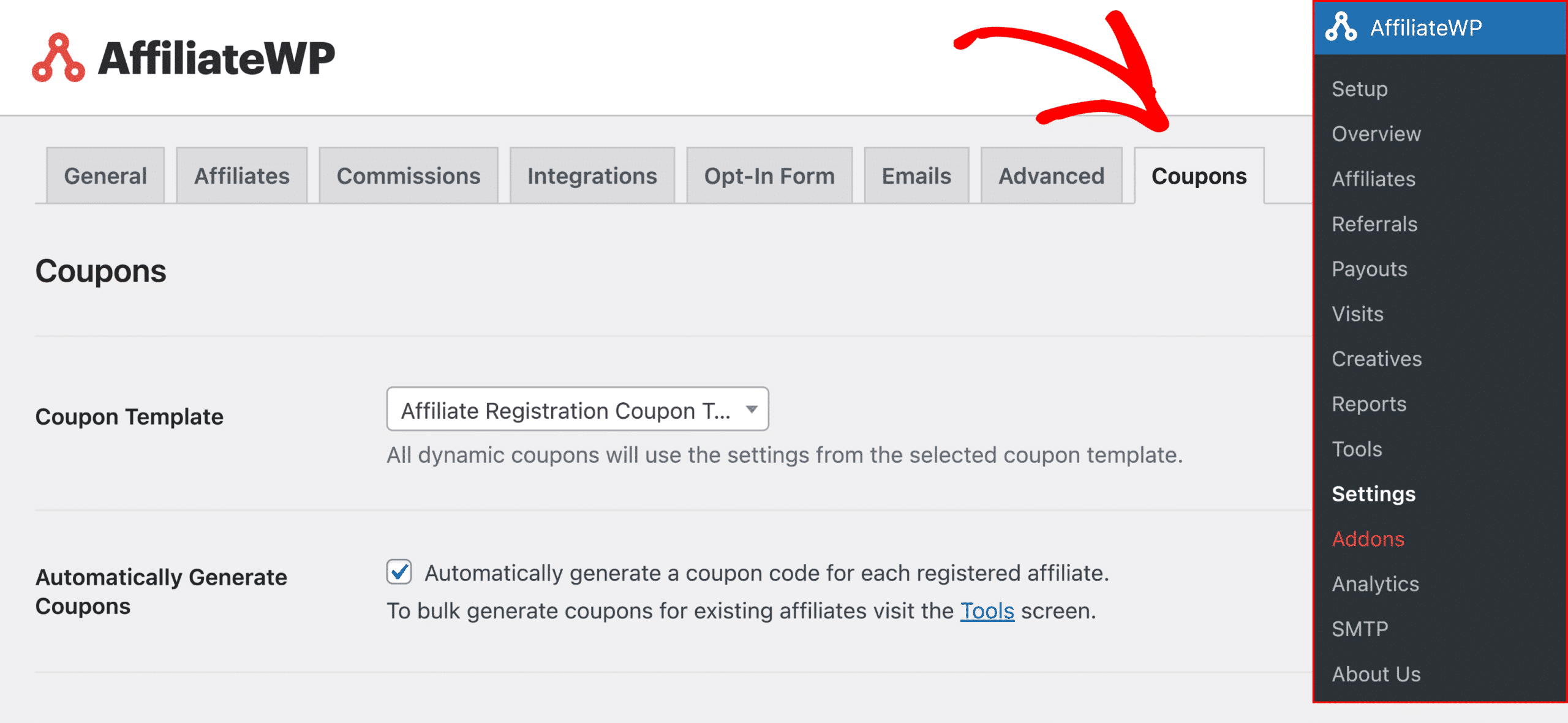 AffiliateWPの設定のクーポンタブ