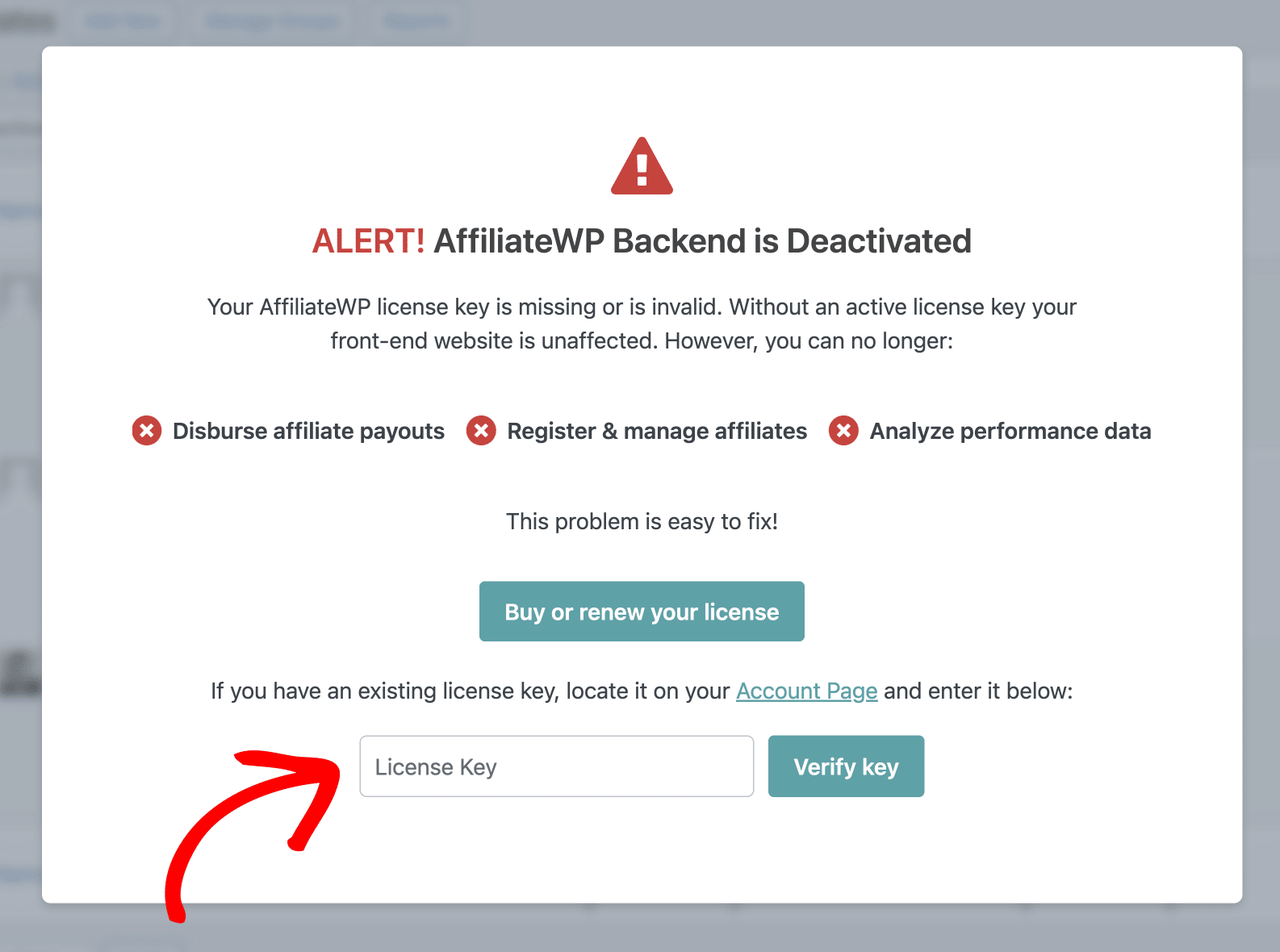 Modale Backend AffiliateWP est désactivé