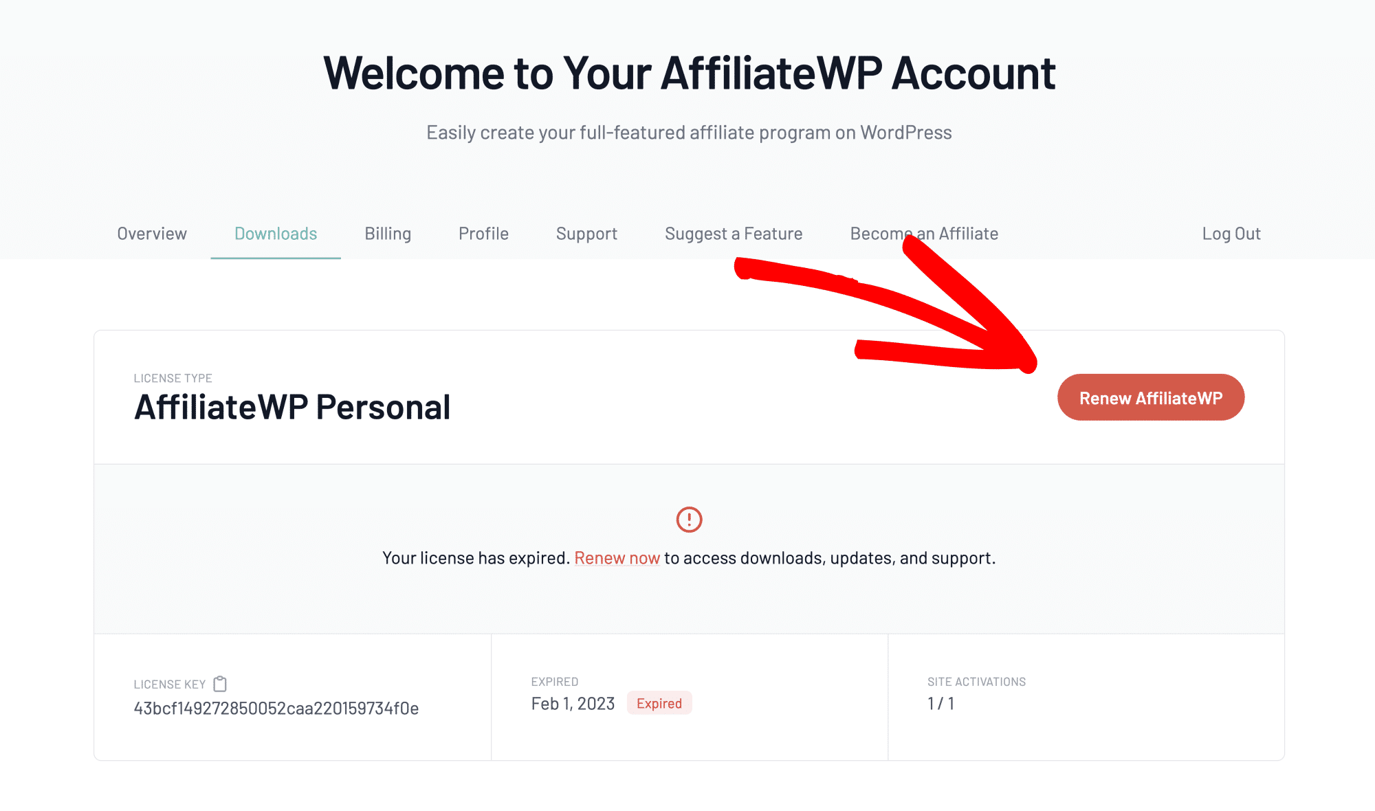 La page Compte AffiliateWP affichant une licence expirée