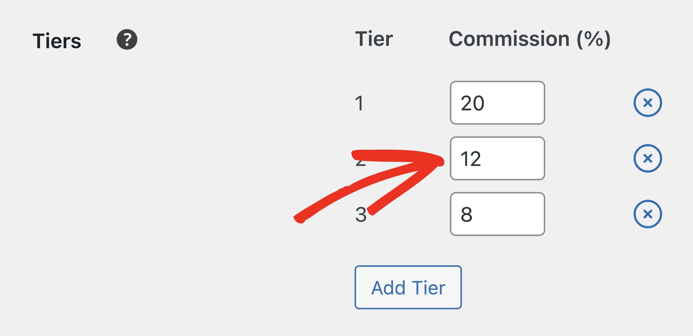 configurando a porcentagem de comissão por nível