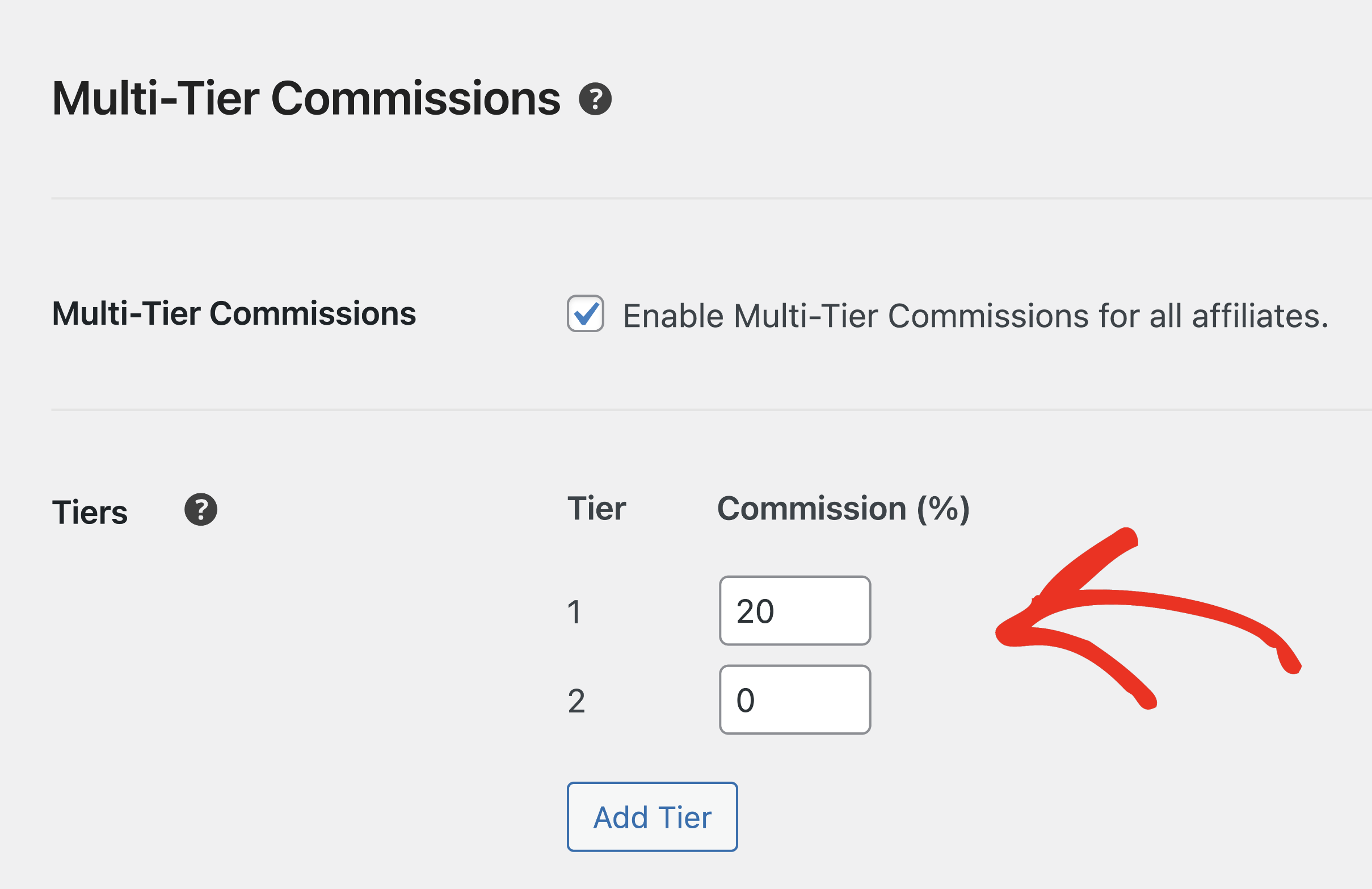 interface de níveis de comissões multinível
