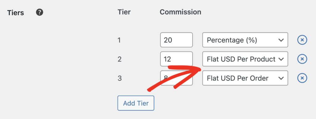 Sélection des taux de commission forfaitaires pour les niveaux