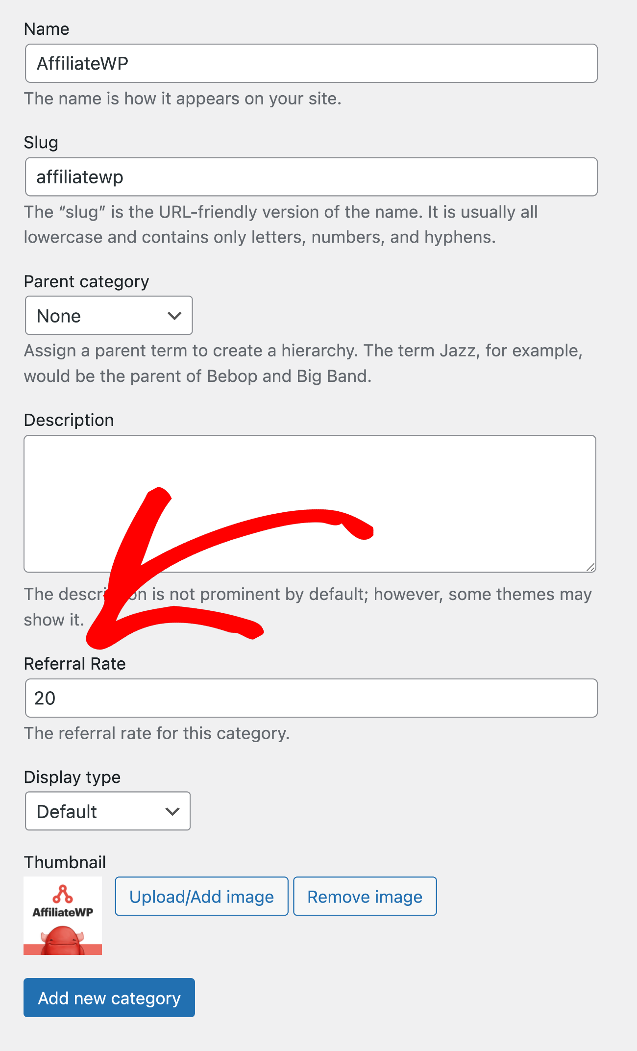 WooCommerce-Produktkategorieeinstellungen, die zeigen, wo die Empfehlungsrate festgelegt wird