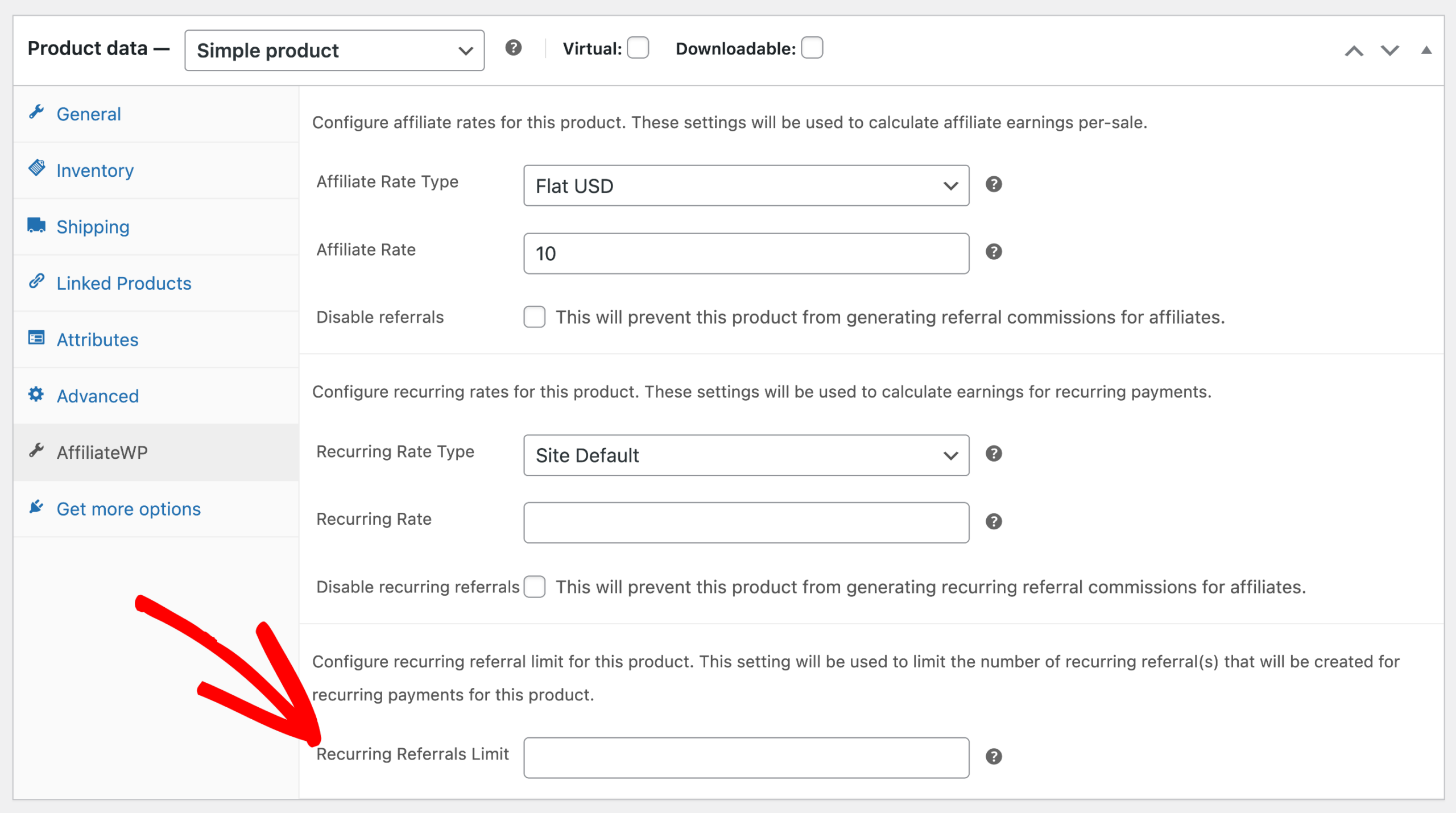 WooCommerce-Produkteinstellungen auf dem AffiliateWP-Tab, die die Einstellungen für wiederkehrende Empfehlungen anzeigen