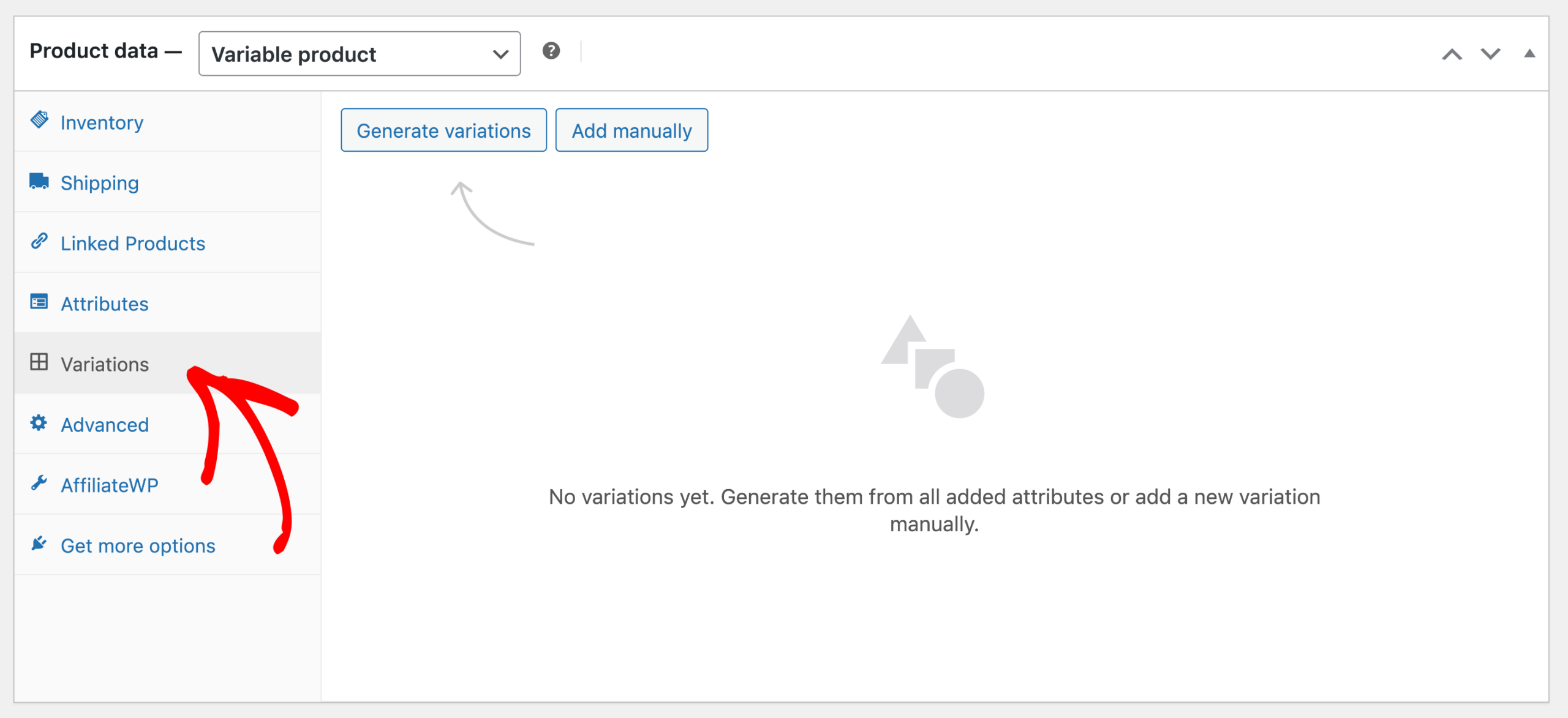 WooCommerce-Produkteinstellungen, die ein variables Produkt mit notierten Variationen anzeigen