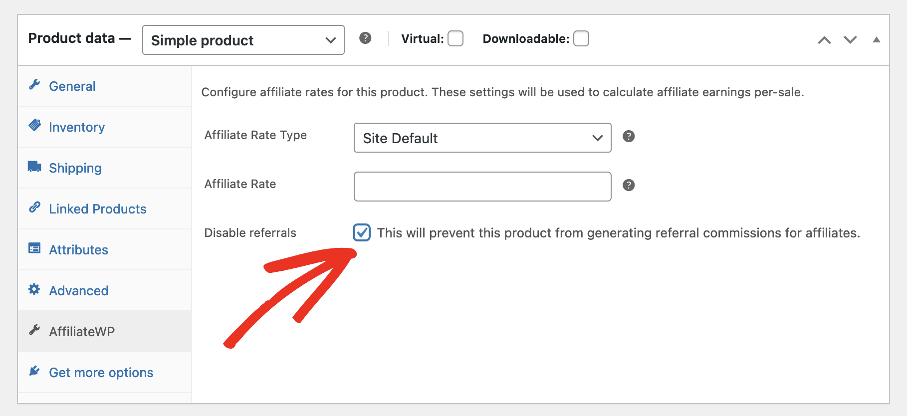 WooCommerce-Produktbearbeitungsbildschirm mit aktiviertem "Empfehlungen deaktivieren"