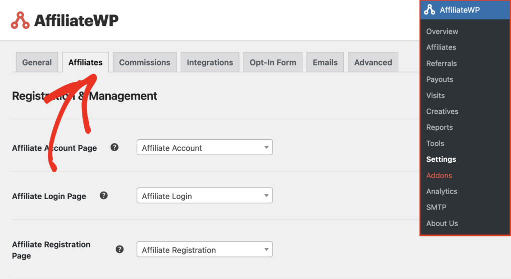 Configurações de administrador do AffiliateWP