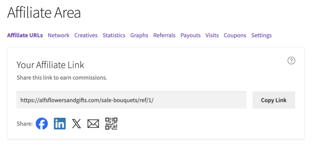 Seção URLs de Afiliados da Área do Afiliado mostrando as opções de compartilhamento abaixo do link do afiliado