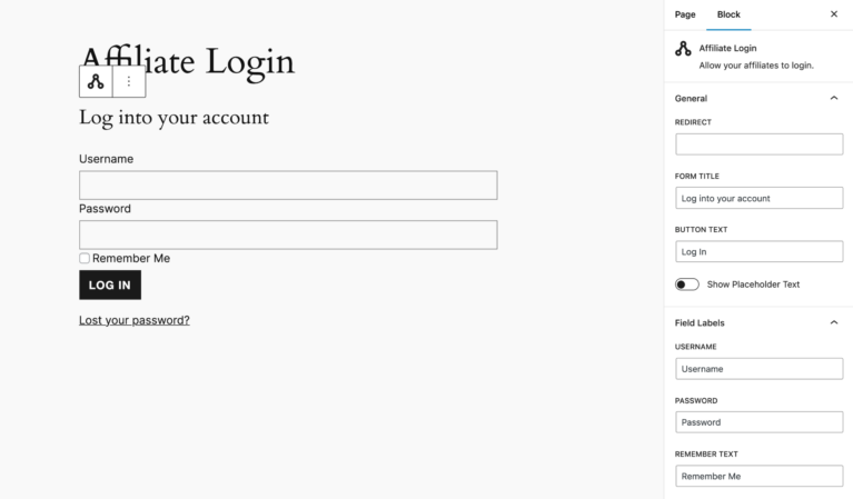 Option de champ du bloc de connexion AffiliateWP