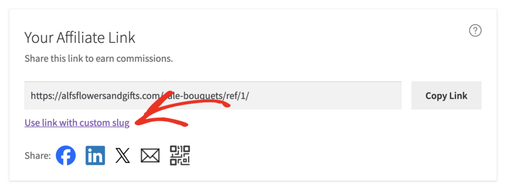 Seção Seu Link de Afiliado mostrando o link de alternância para Usar link com slug personalizado quando o Formato de Referência Padrão está definido como ID ou Nome de Usuário