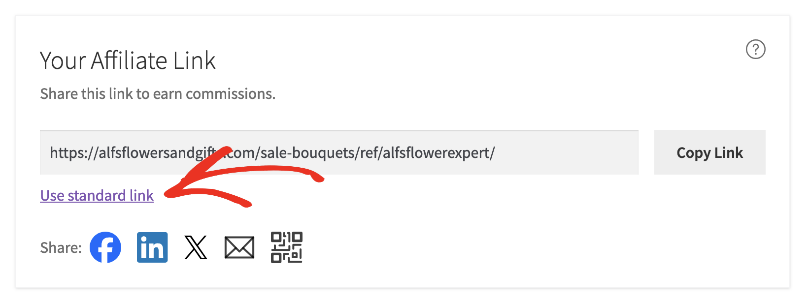 Seção Seu Link de Afiliado mostrando o link de alternância para Usar link padrão quando o Formato de Referência Padrão está definido como ID ou Nome de Usuário