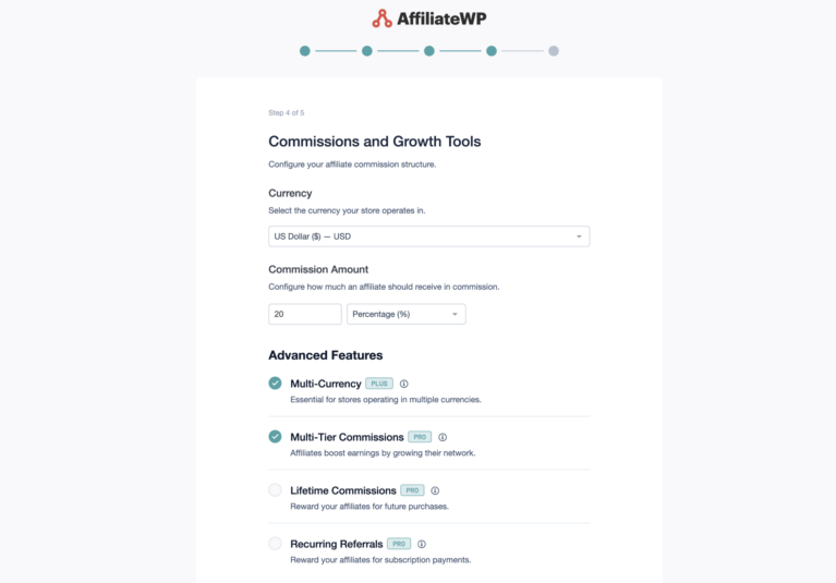 Configurações de comissão e ferramentas de crescimento no assistente de configuração