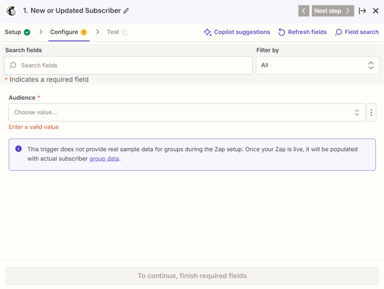 Sélection d'une liste Mailchimp dans Zapier.
