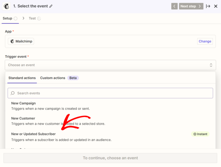 Zapier Mailchimp sélectionnant un abonné mis à jour comme déclencheur